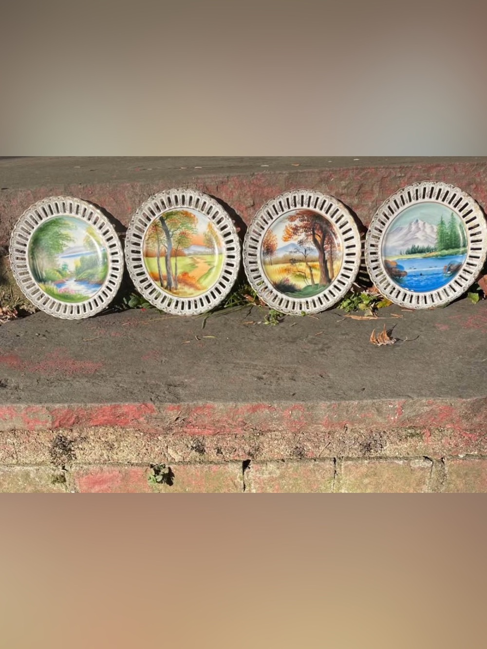 Set of 4 Vintage Decorative reticulated plates. Hand-painted four seasons.